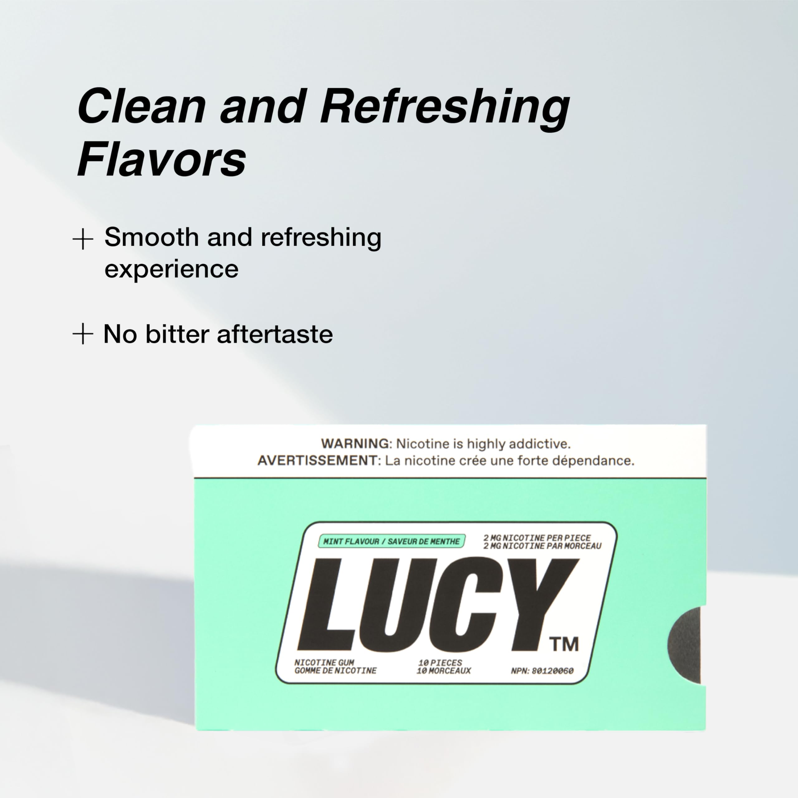 LUCY nicotine gum 2mg mint pack shot highlighting convenient packaging.