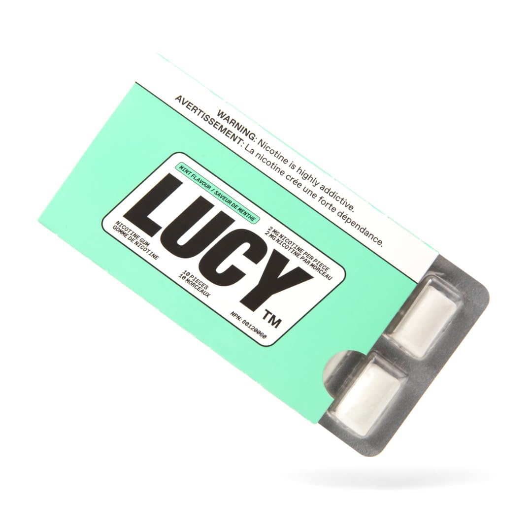 LUCY nicotine gum 2mg mint packaging supports easy quit attempts.