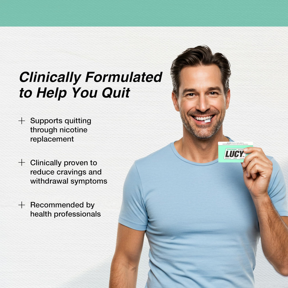 LUCY nicotine gum 2mg mint piece close-up supports fresh mint flavor and quick relief.