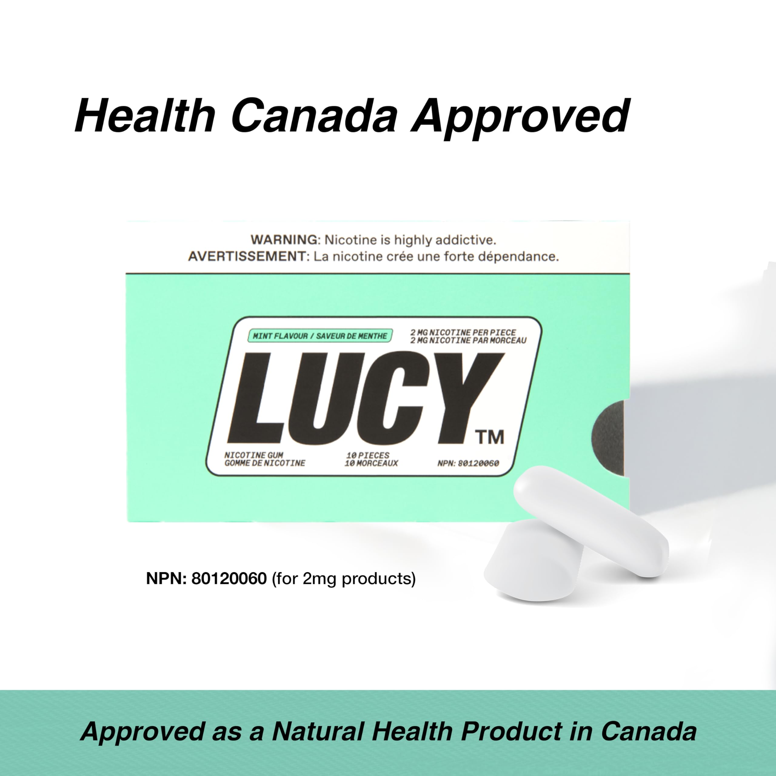 LUCY nicotine gum 2mg mint travel-case friendly packaging on the go.
