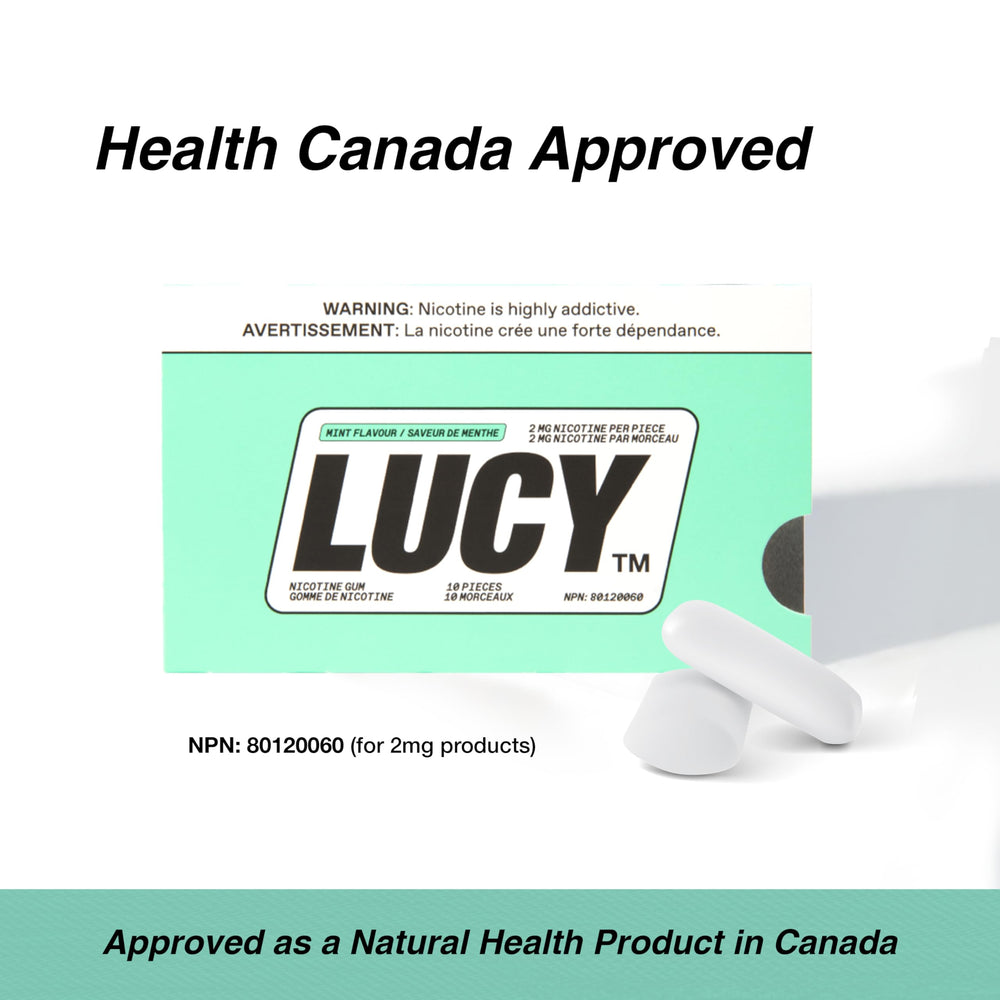 LUCY nicotine gum 2mg mint travel-case friendly packaging on the go.