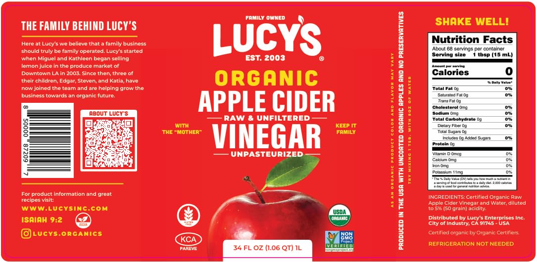 Lucy’s ACV in a glass 34oz bottle preserves freshness and avoids plastic contact.