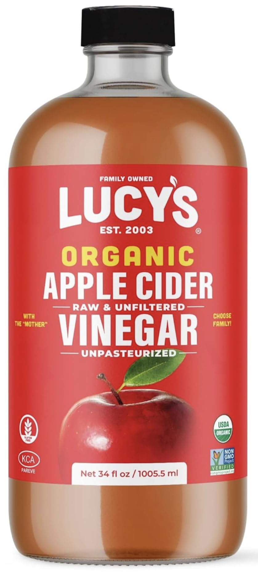Lucy’s Apple Cider Vinegar bottle shows a clear, golden pour for dressings and drinks.