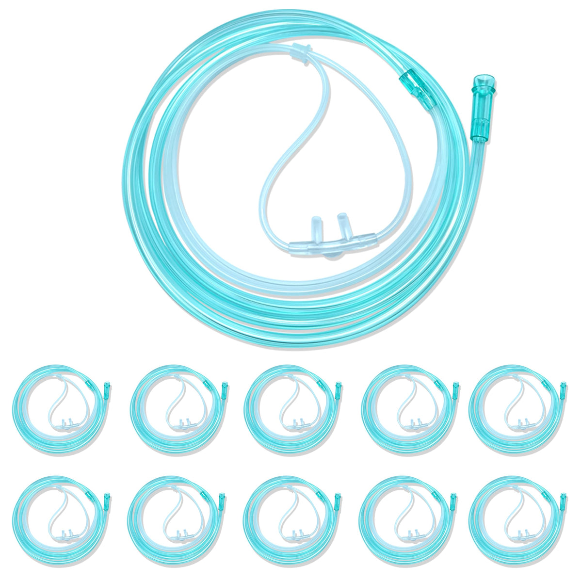 Luisddi 10-pack soft nasal cannulas with standard connectors and 7 ft green tubing for comfortable daily use