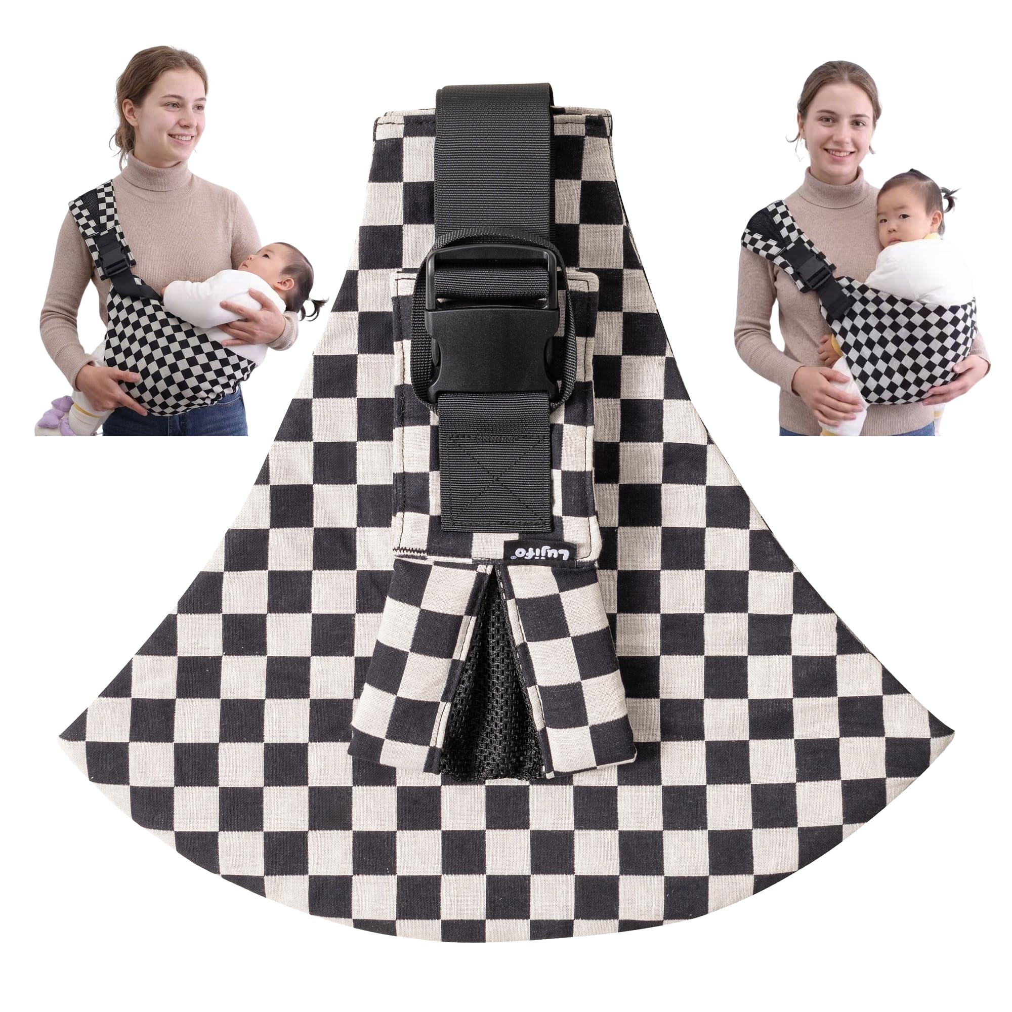 Lujifo Baby Sling Carrier Ebony Check full view for hands-free mobility.