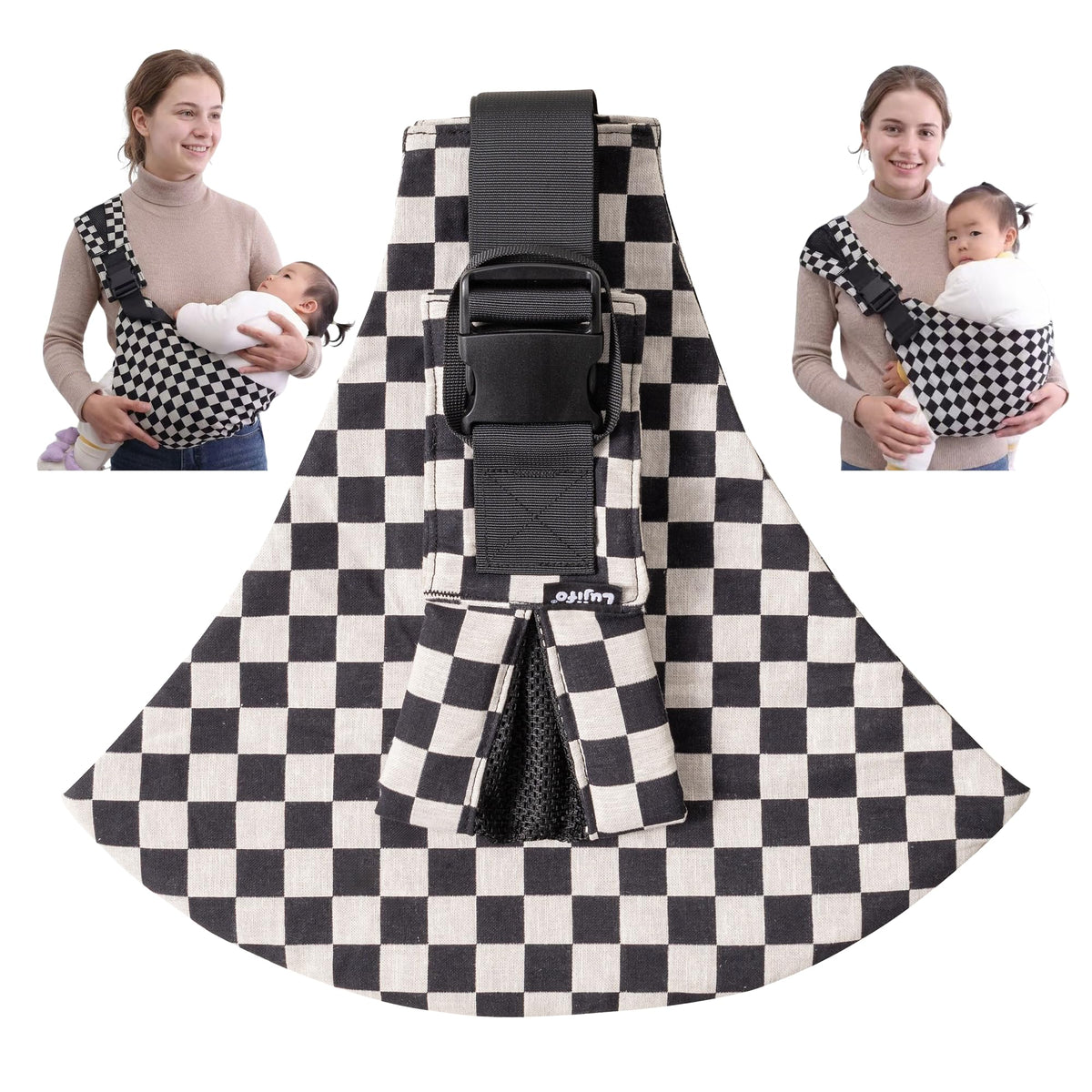 Lujifo Baby Sling Carrier Ebony Check full view for hands-free mobility.