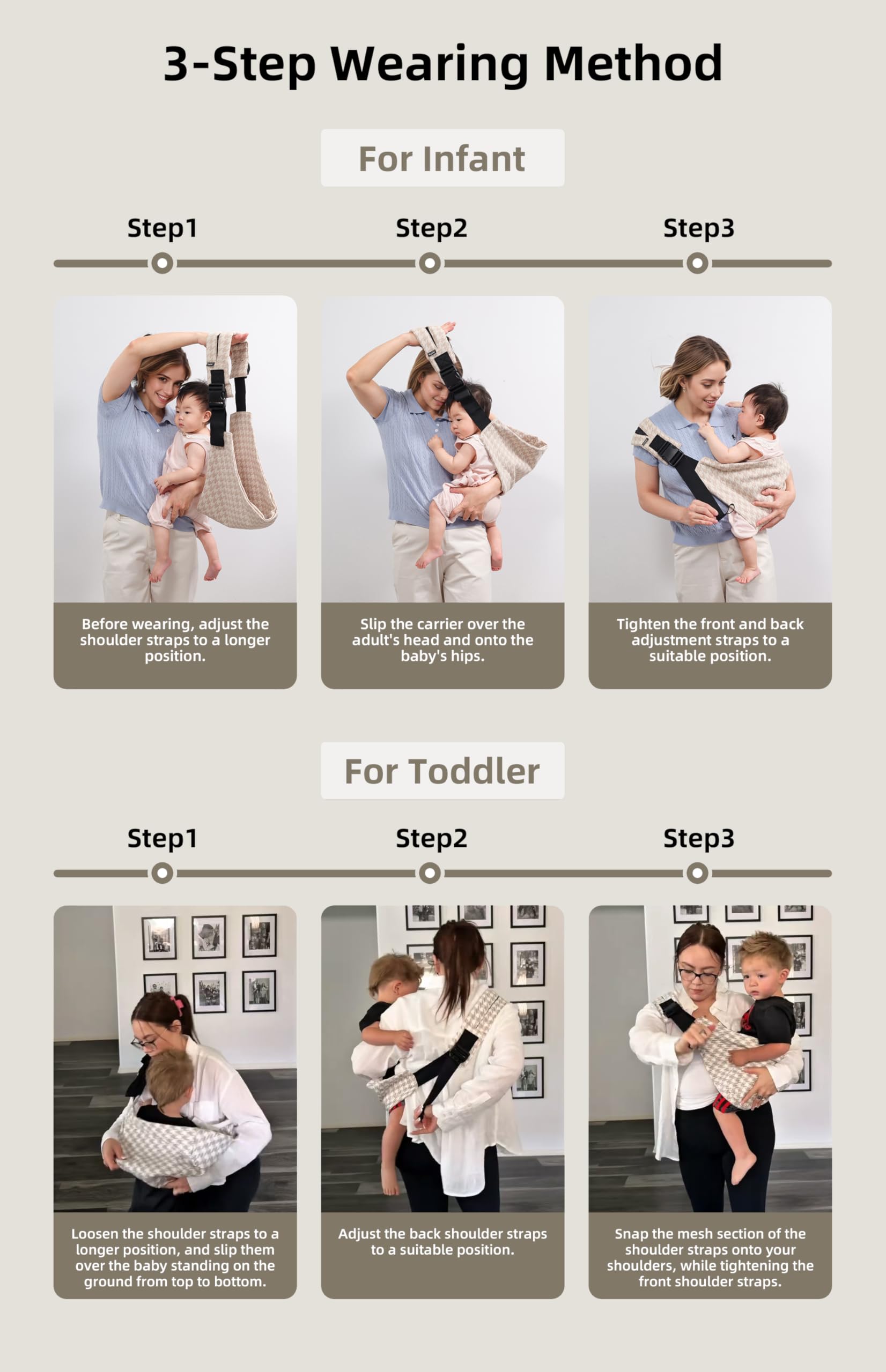 Lujifo toddler-front carry offers versatile positioning for comfort.