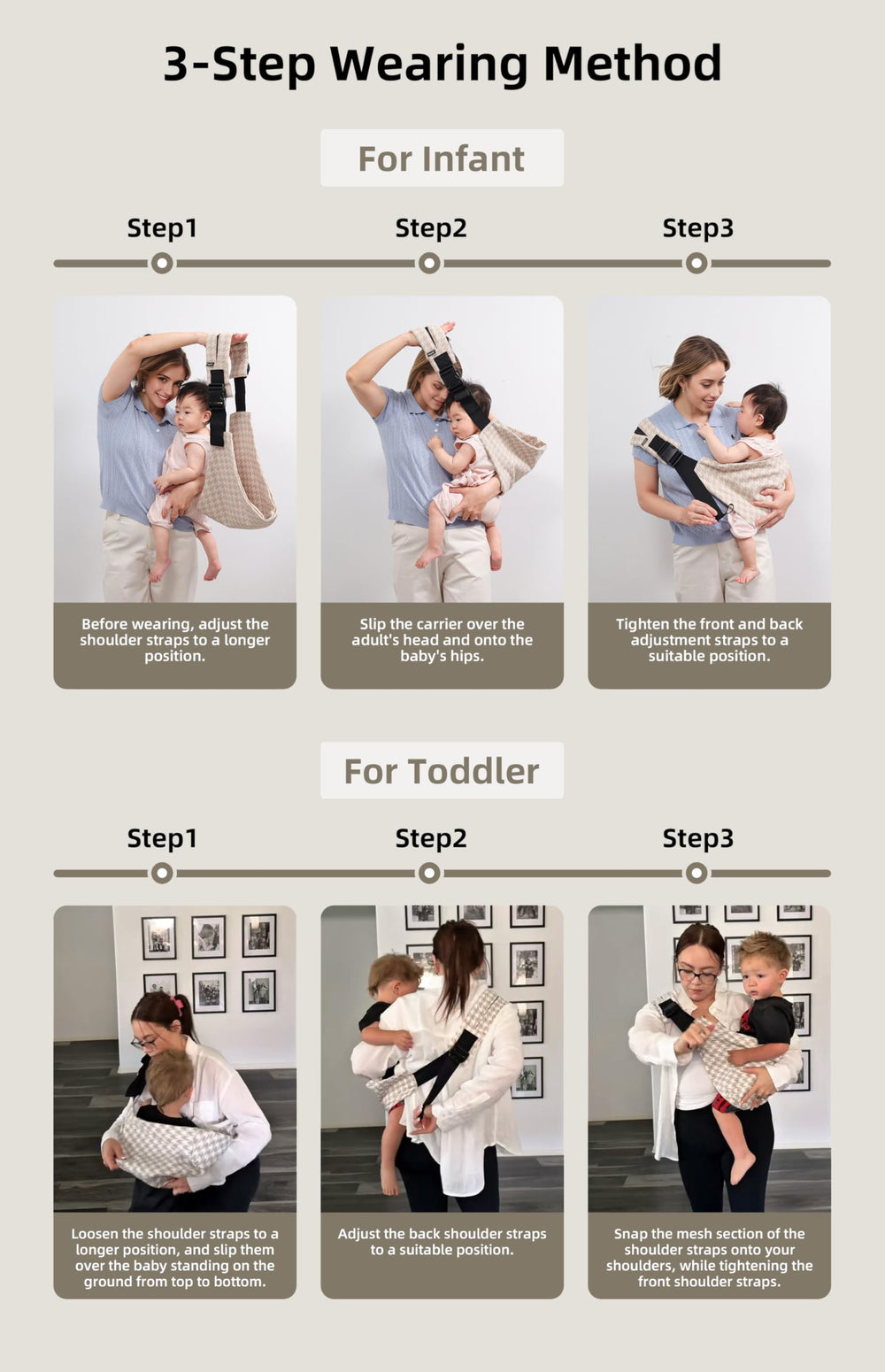Lujifo toddler-front carry offers versatile positioning for comfort.