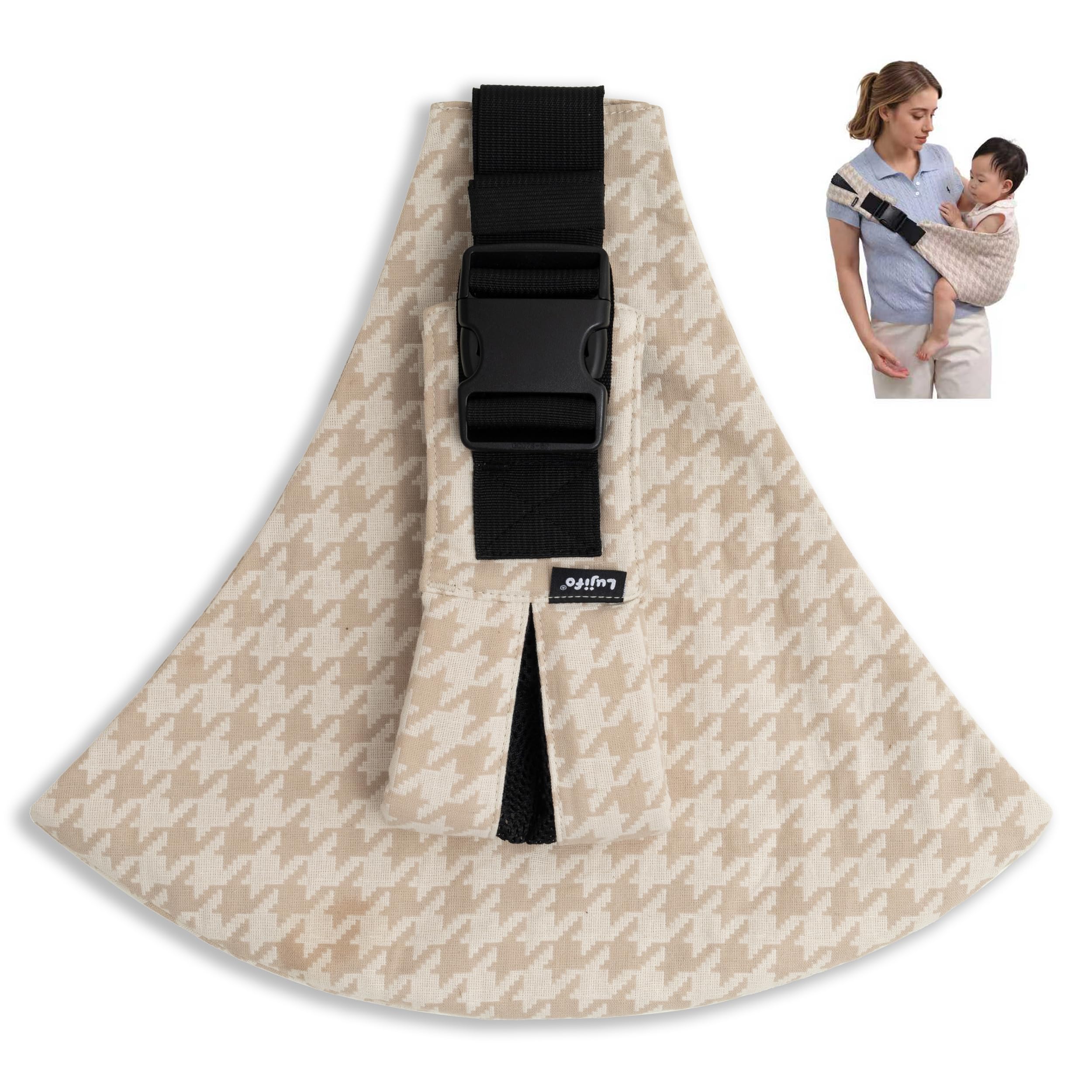 Lujifo baby sling in houndstooth fabric offers comfortable toddler carrying.
