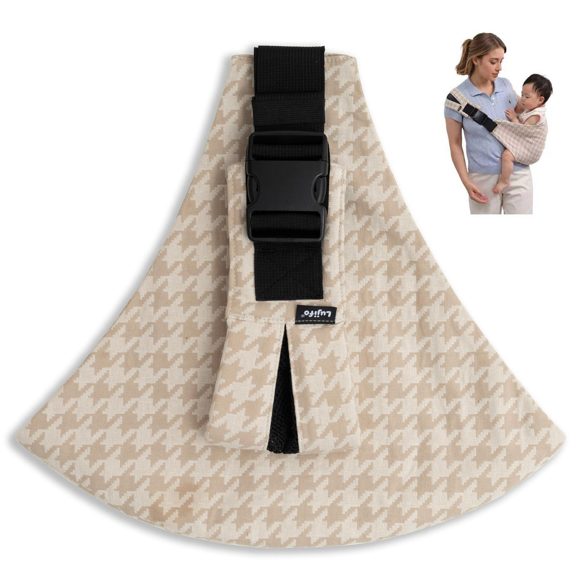 Lujifo baby sling in houndstooth fabric offers comfortable toddler carrying.