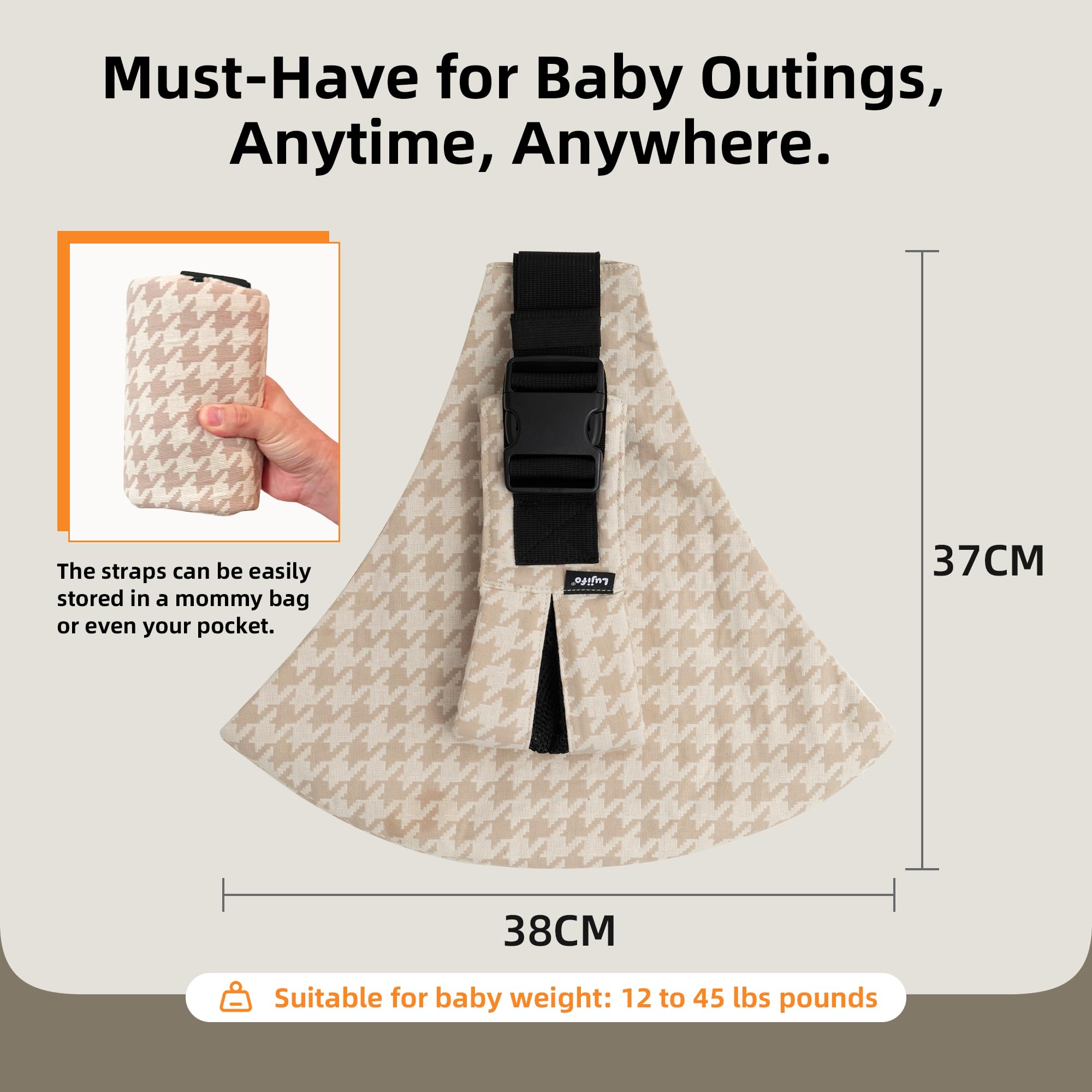 Lujifo compact sling fits in a diaper bag for trips.