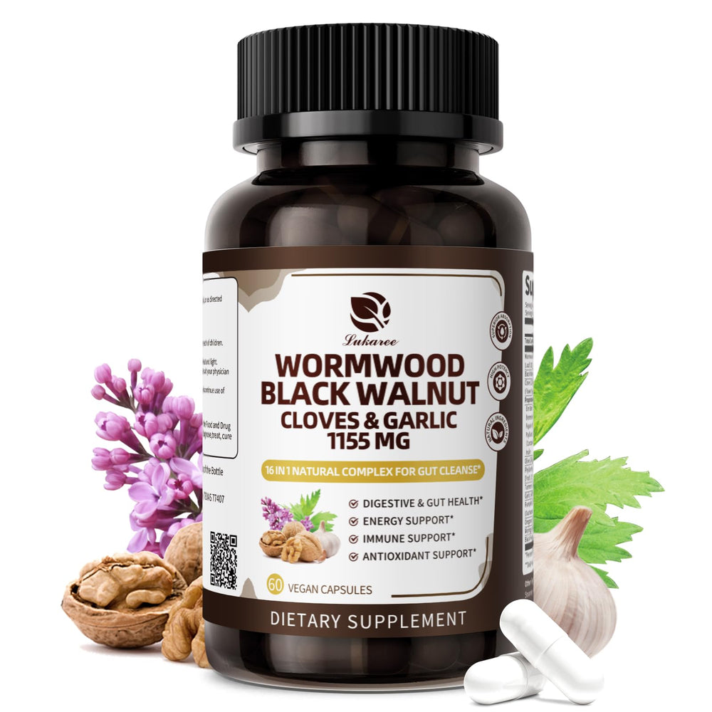 Lukaree 16-in-1 Wormwood bottle pour showing potent gut-support blend