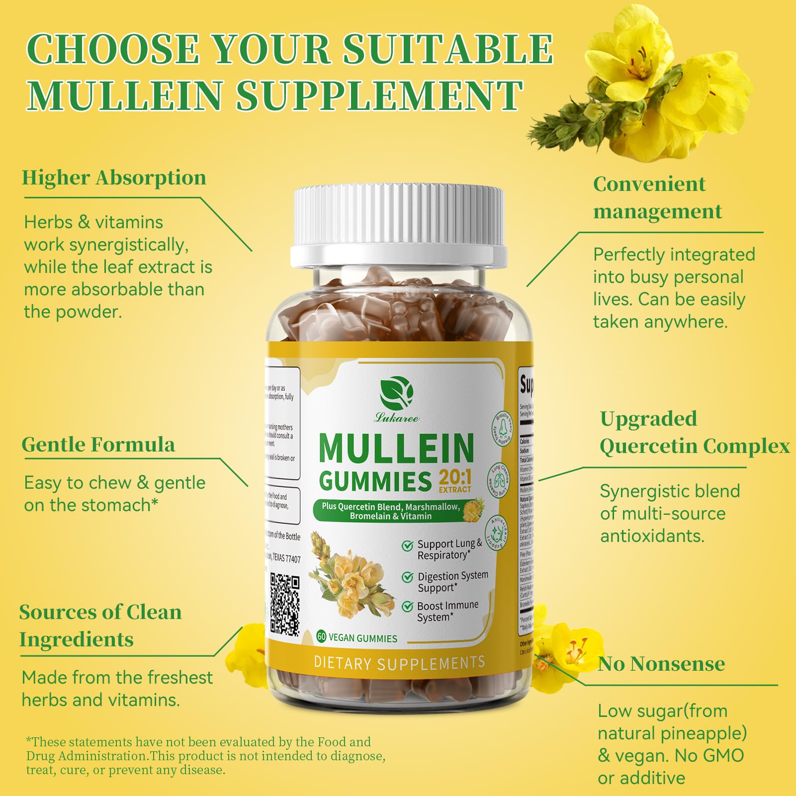 Lukaree gummies ingredients visual showcases 20:1 mullein potency for potent plant extract
