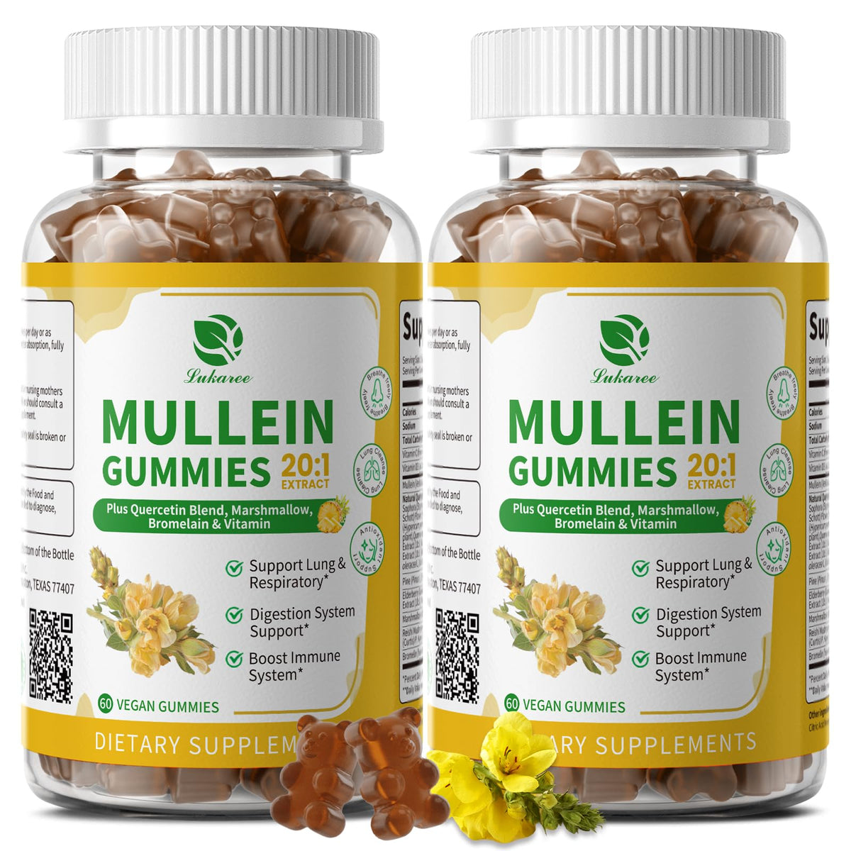 Lukaree 9-in-1 Mullein Gummies front pack emphasizes vegan lung support