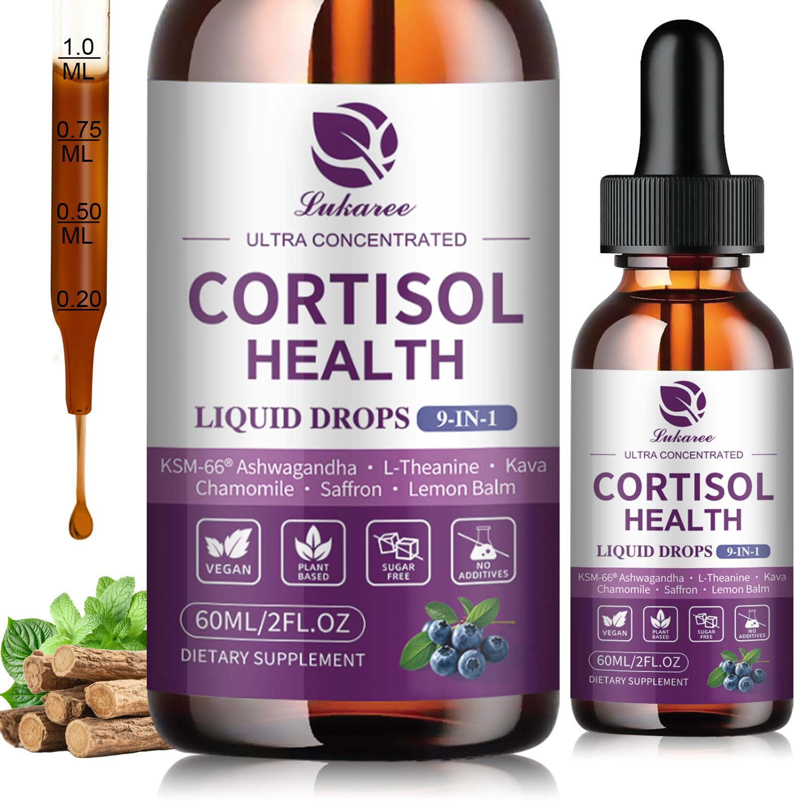 Lukaree Cortisol Drops blueberry bottle showing blueberry flavor for daily balance