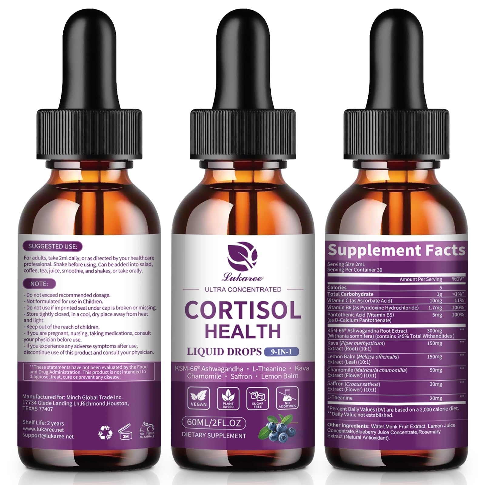 Lukaree Cortisol Drops blueberry flavor on bottle endcap suggests tasty daily use