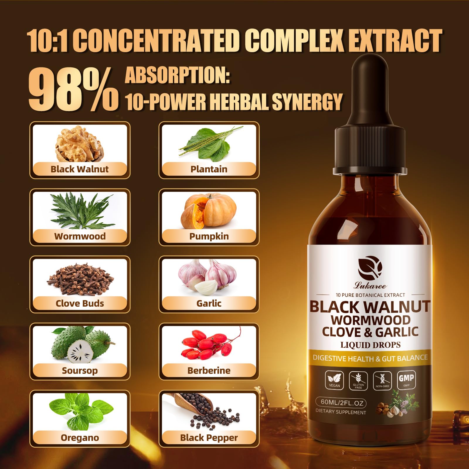 Lukaree liposomal delivery boosts absorption for potent herbal tincture uptake.