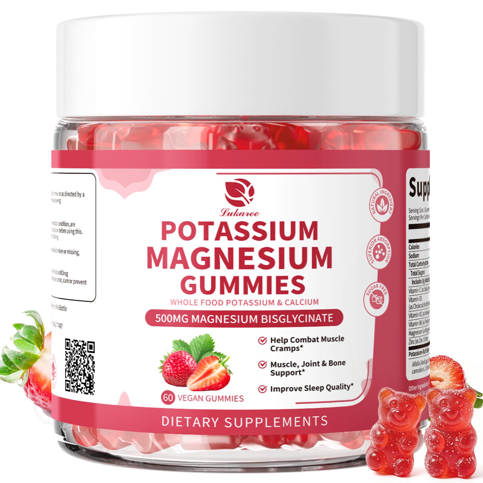 Lukaree Magnesium Potassium Gummies bottle on counter for daily mineral support.