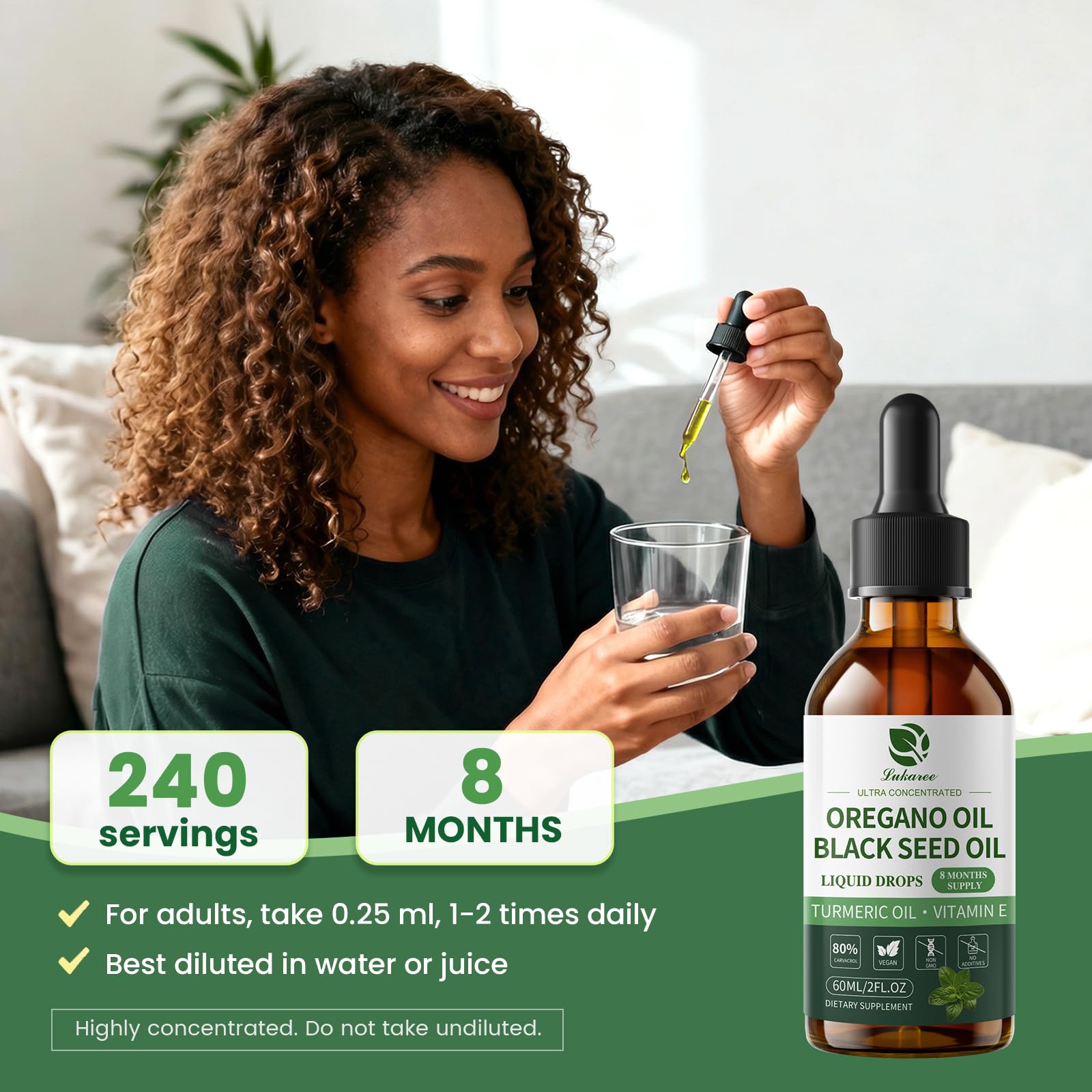 Lukaree drops usage setup shows mixing into beverage.