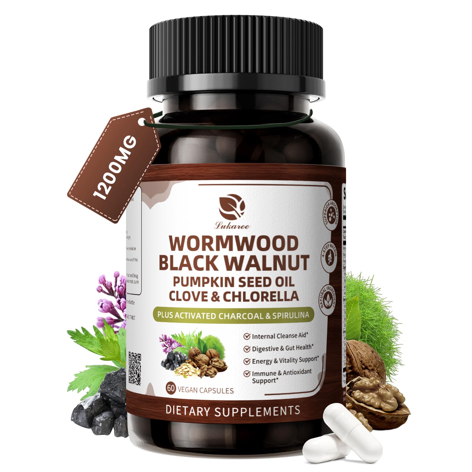 Lukaree Wormwood Black Walnut Cleanse bottle ready for daily use, natural gut support