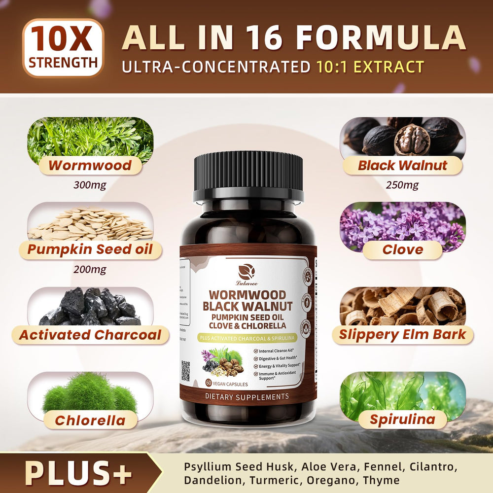 Lukaree Wormwood Black Walnut Cleanse capsules, vegan convenience