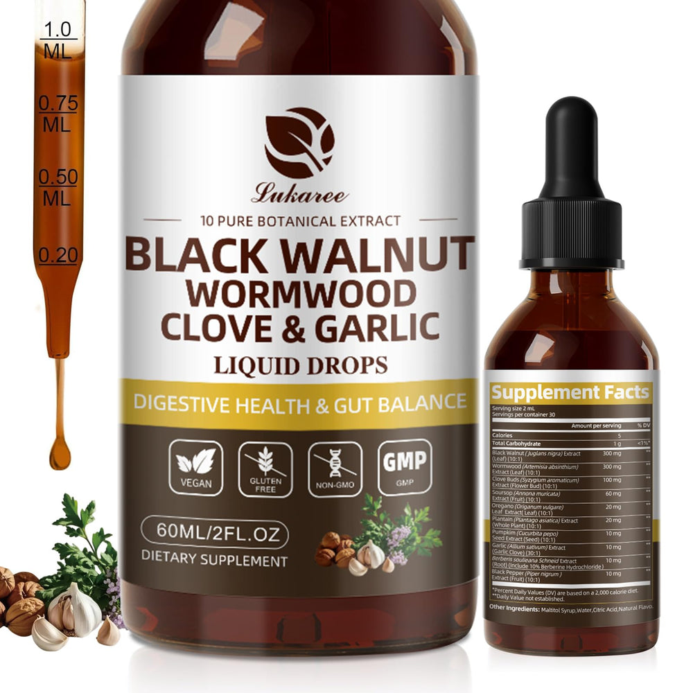 Lukaree wormwood black walnut tincture bottle with potent drops for digestion.