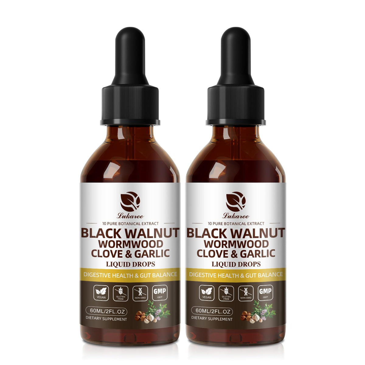 Lukaree Wormwood Black Walnut tincture bottle for daily gut wellness.