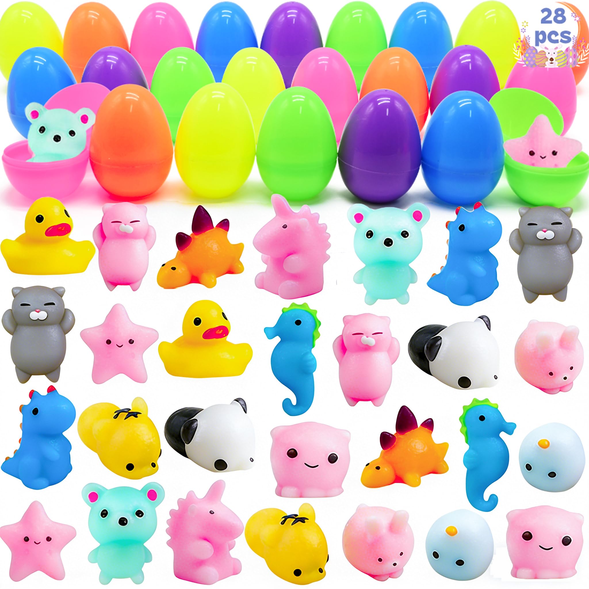 LUKBERA Easter eggs with Mochi squishy toys for playful Easter hunts.