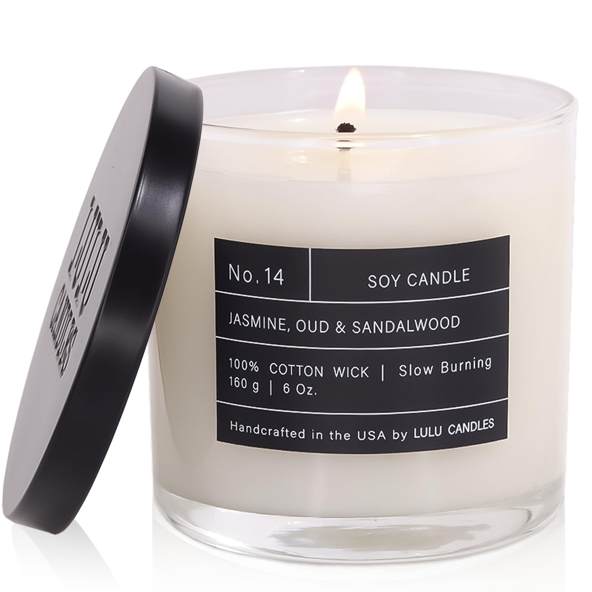 Lulu Candles Jasmine Oud Sandalwood jar fills a room with a luxurious fragrance