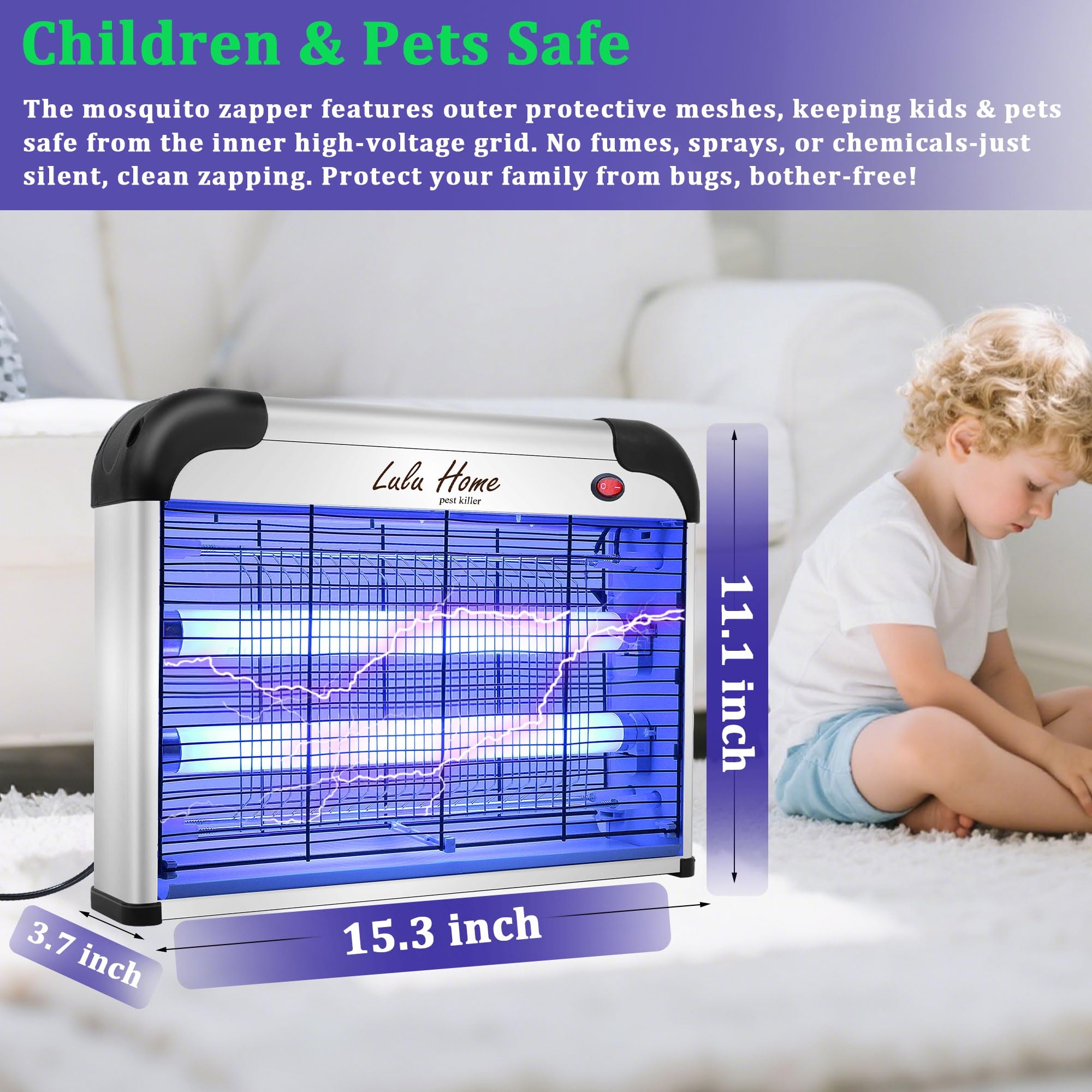 Lulu Home Bug Zapper side view showing slim indoor profile for compact spaces.