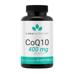 Luma Nutrition CoQ10 bottle with 400mg softgels for high-potency daily support.