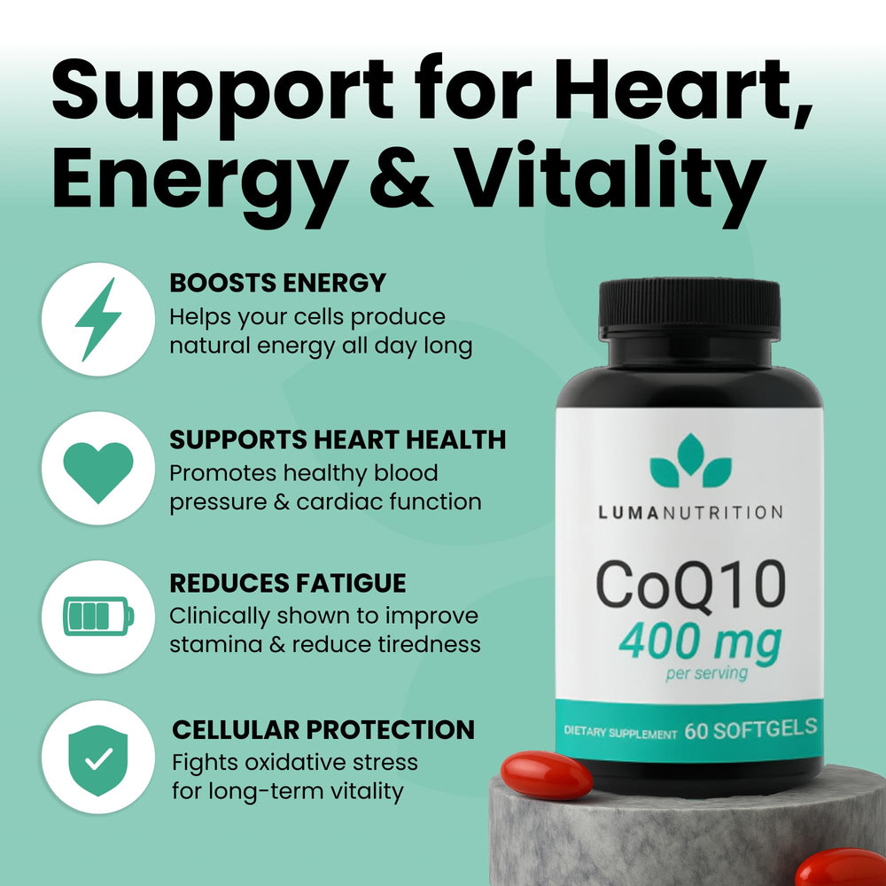 Closeup of Luma Nutrition CoQ10 softgels for easy swallowing.