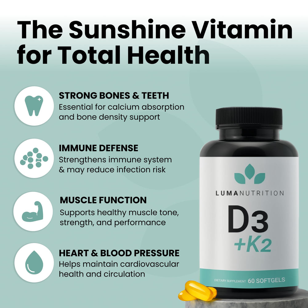 Luma Nutrition D3+K2 bottle back highlighting ingredients for immune support and calcium balance.