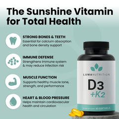 Luma Nutrition D3+K2 bottle back highlighting ingredients for immune support and calcium balance.