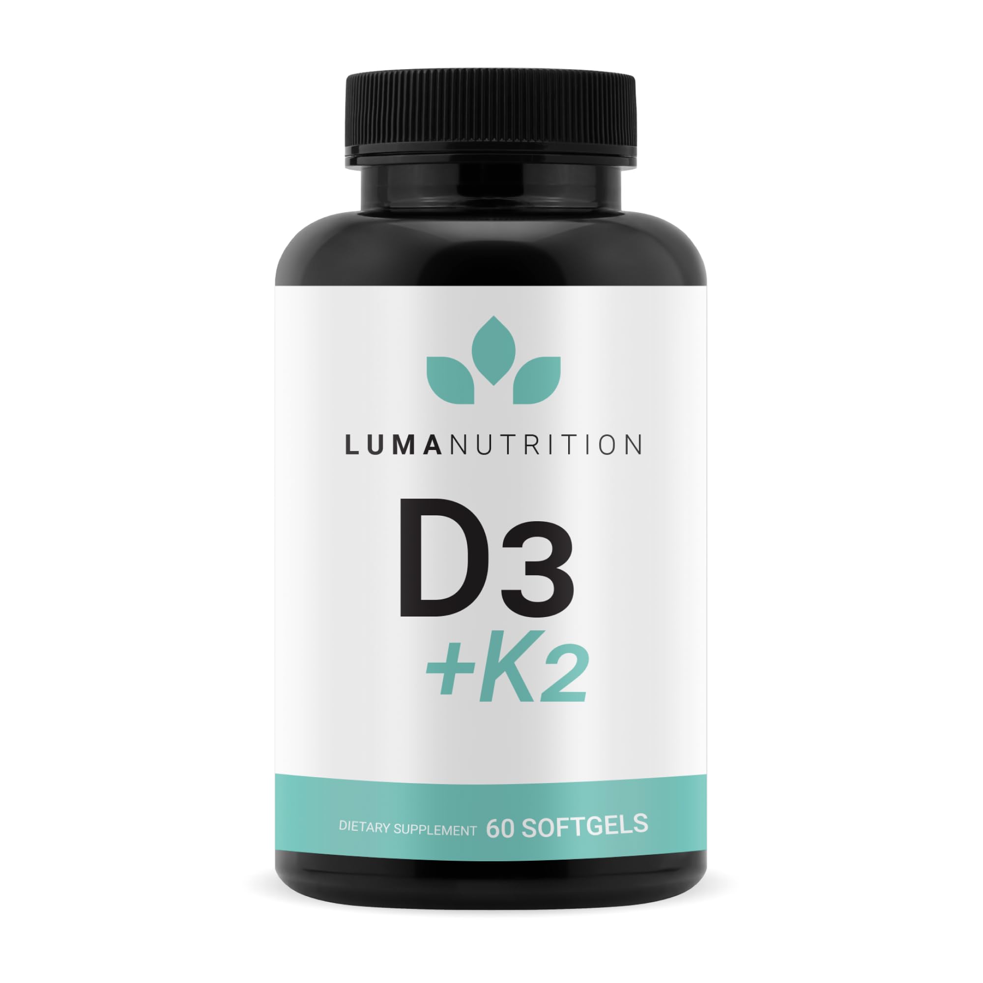 Luma Nutrition D3+K2 softgels bottle front for bone health and overall wellness.