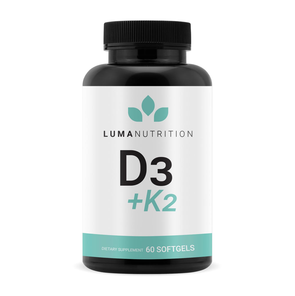 Luma Nutrition D3+K2 softgels bottle front for bone health and overall wellness.