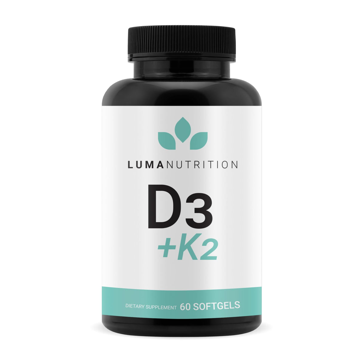Luma Nutrition D3+K2 softgels bottle front for bone health and overall wellness.