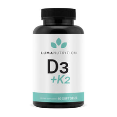 Luma Nutrition D3+K2 softgels bottle front for bone health and overall wellness.
