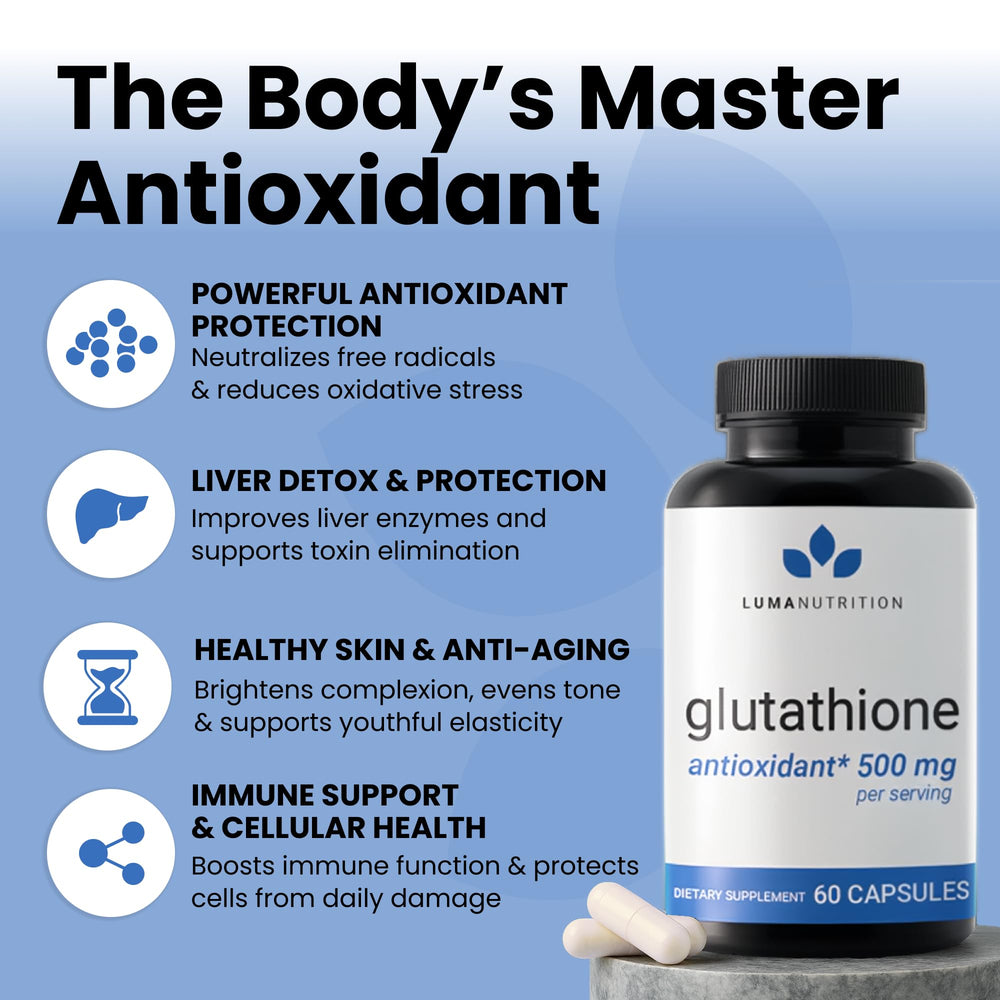 Closeup of Luma Nutrition glutathione capsules highlighting 500 mg dose for convenience.