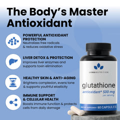 Closeup of Luma Nutrition glutathione capsules highlighting 500 mg dose for convenience.