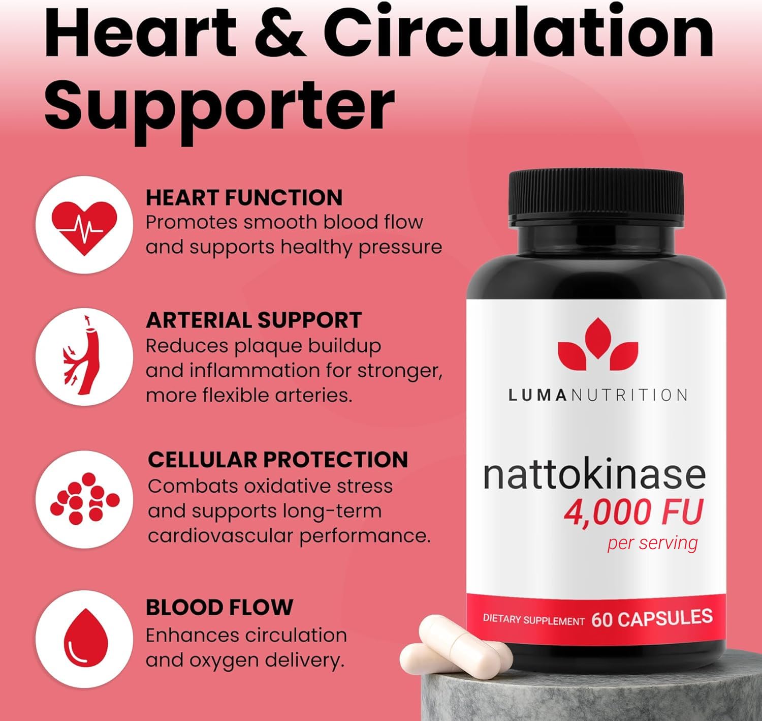 Luma Nutrition nattokinase capsules close-up showing vegan gluten-free option