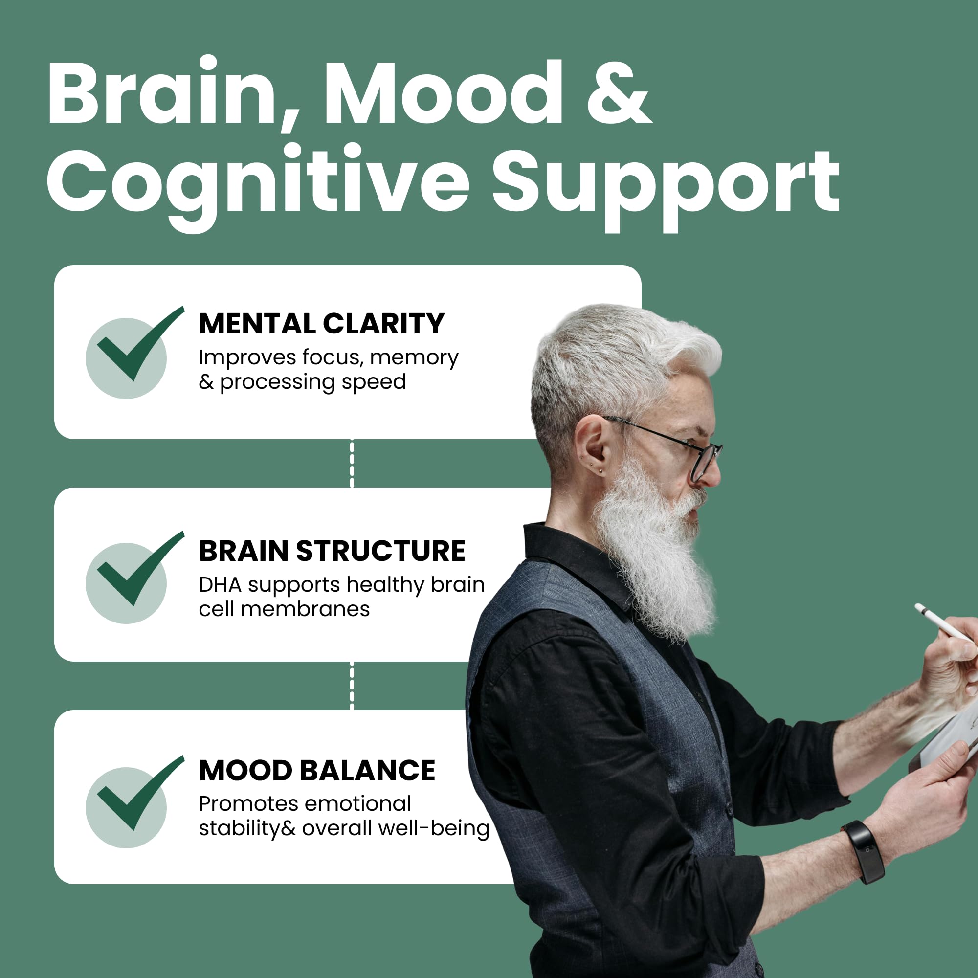 30-serving bottle demonstrates daily support for heart and cognitive health.
