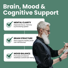 30-serving bottle demonstrates daily support for heart and cognitive health.