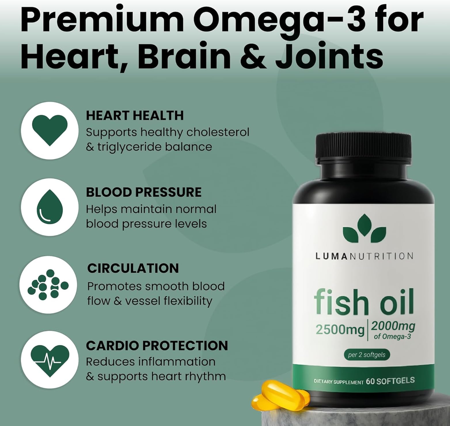 Close-up of Luma Omega-3 softgels highlighting EPA and DHA potency.