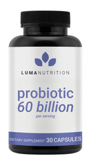 Luma Nutrition Probiotics 60B bottle highlight, supports digestive balance and immune wellness