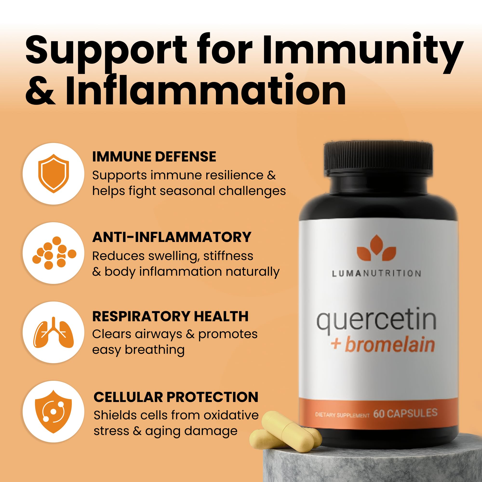 Luma Nutrition Quercetin 500mg capsules poured, showing two-capsule serving for 500mg total.