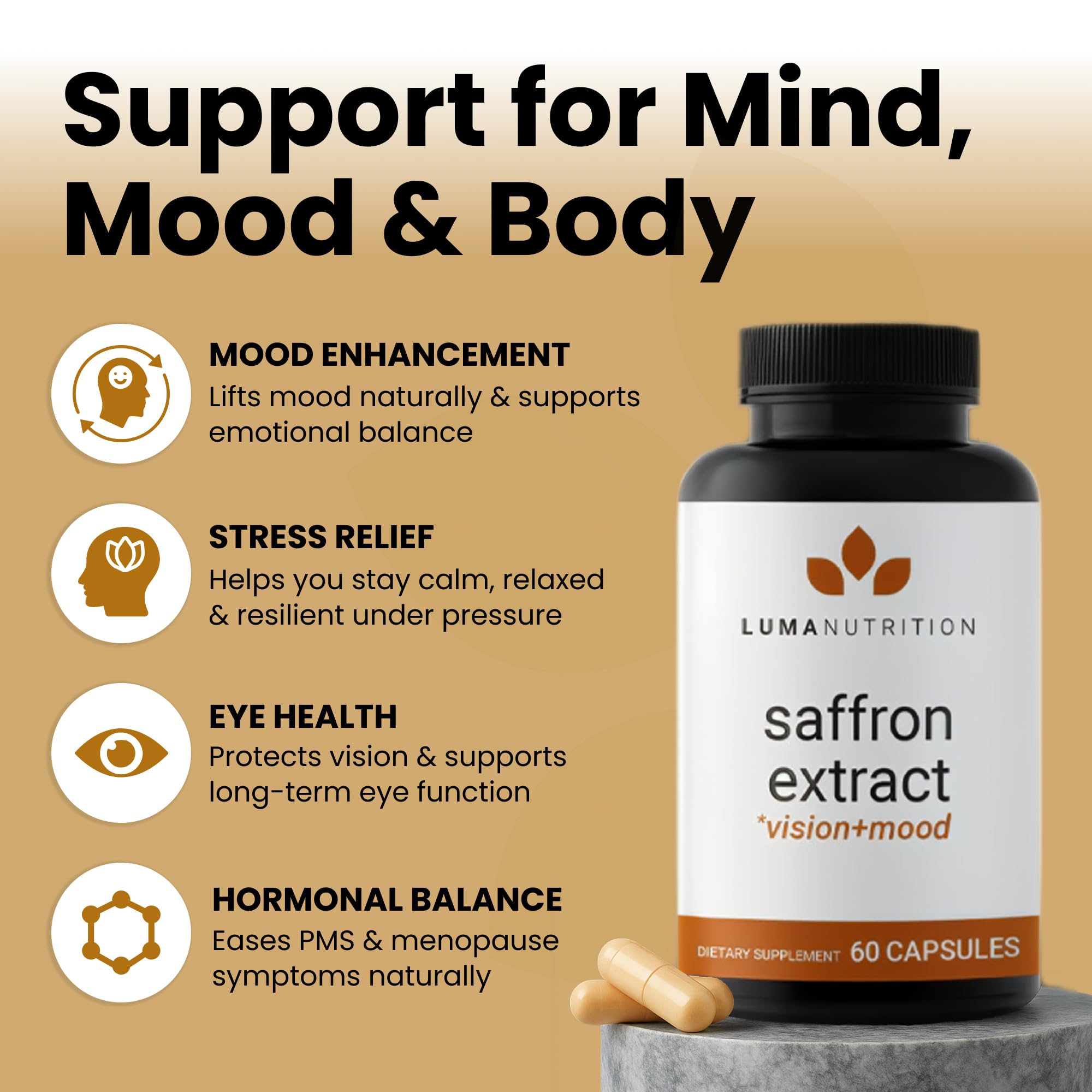 Luma Nutrition saffron bottle back with dosage and USA-made quality