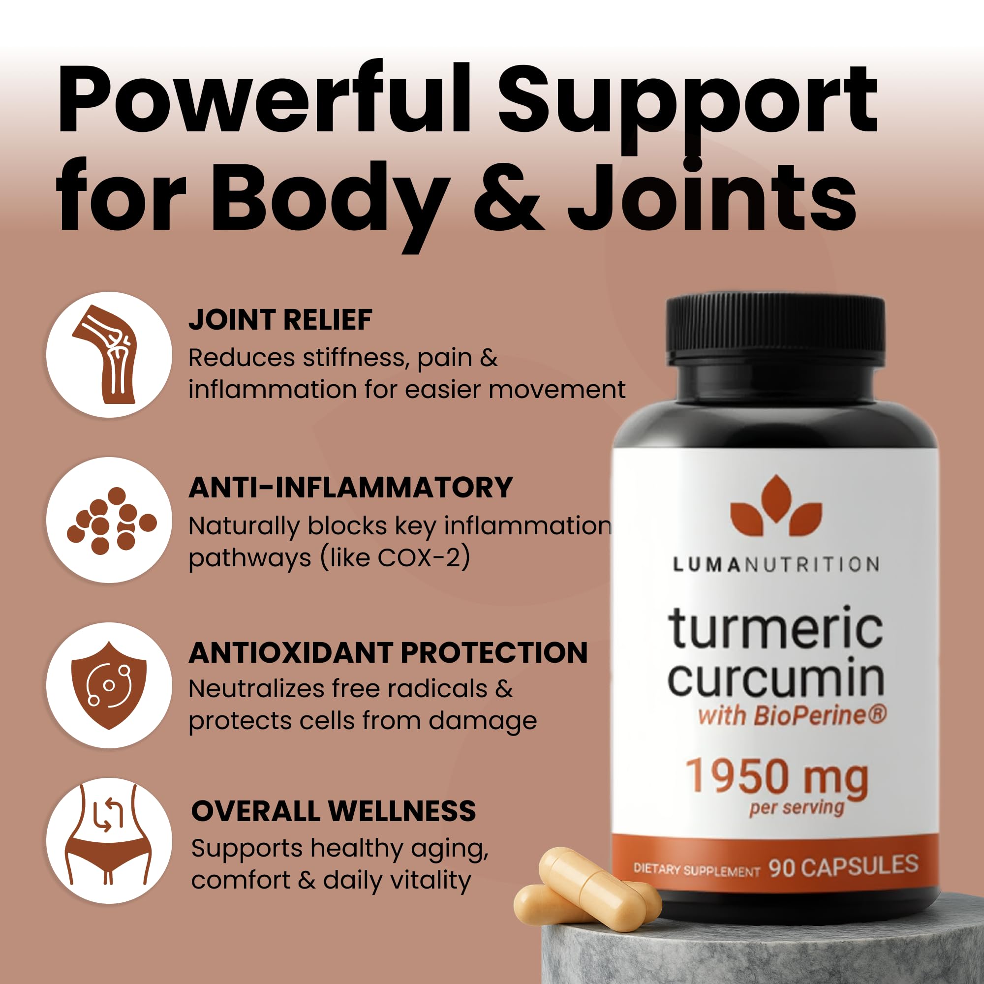 Luma Nutrition turmeric capsules pack shown for convenient daily use.