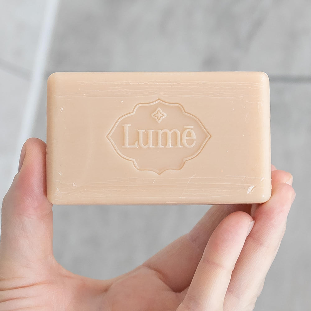 Lume 5-ounce bar soap in Peony Rose for daily cleansing.