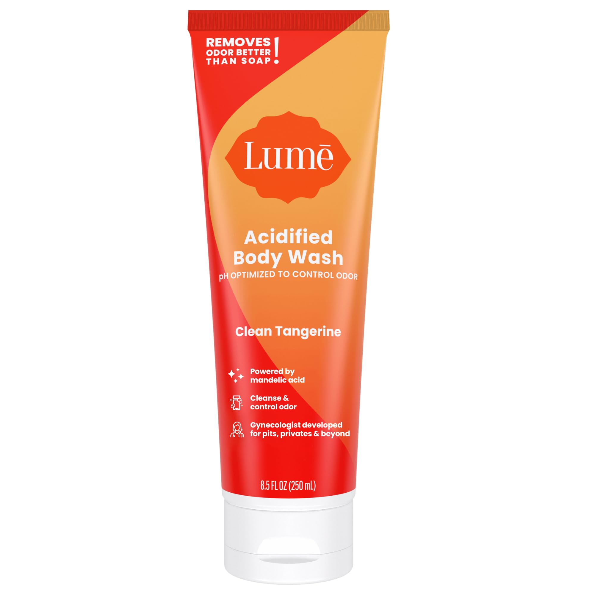 Lume Acidified Body Wash bottle-front with bright Clean Tangerine scent and odor control